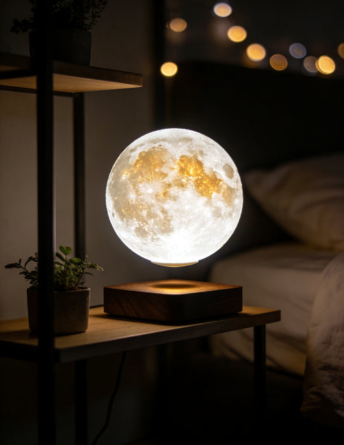 Levitating Moon Lamp floating above magnetic base in cozy dark bedroom