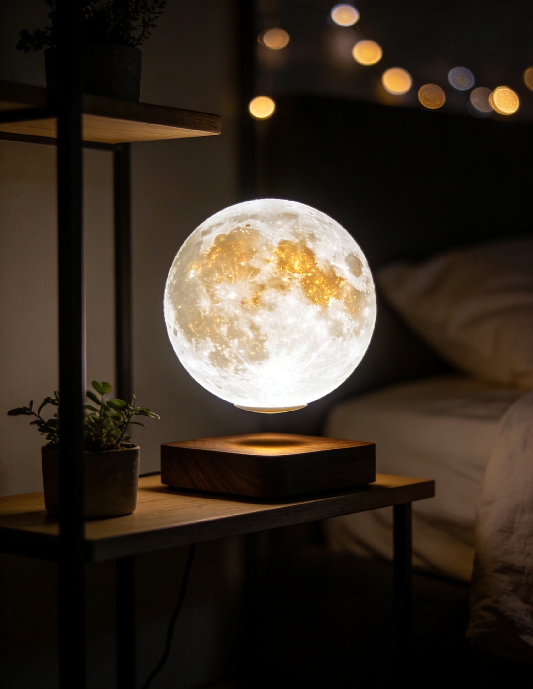 Levitating Moon Lamp floating above magnetic base in a cozy dark bedroom