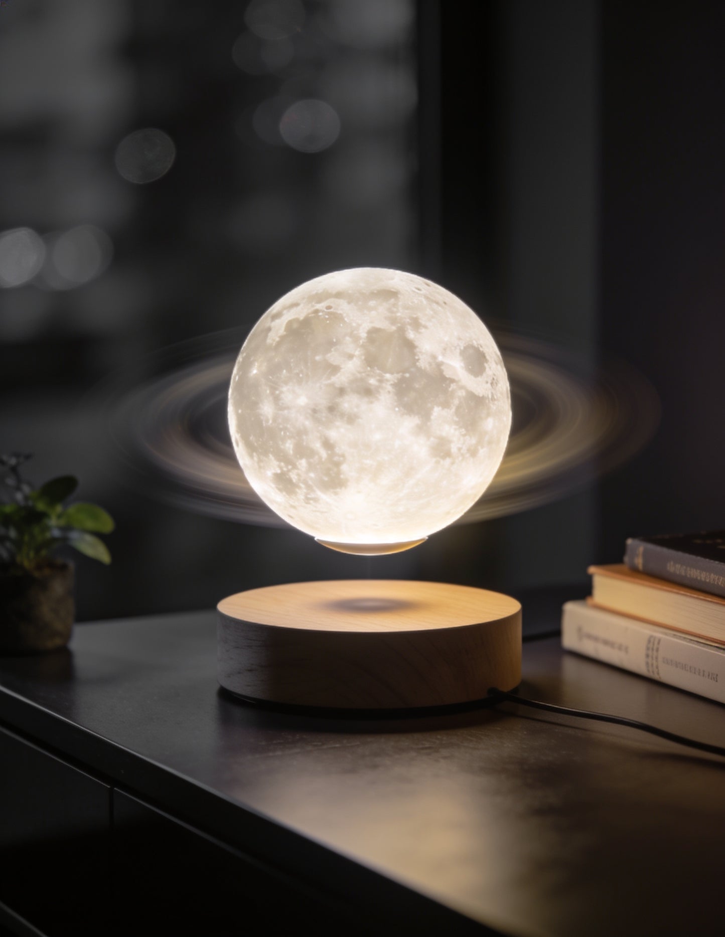 Magnetic Levitating Moon Lamp lifestyle - editorial desk setup charcoal and cream