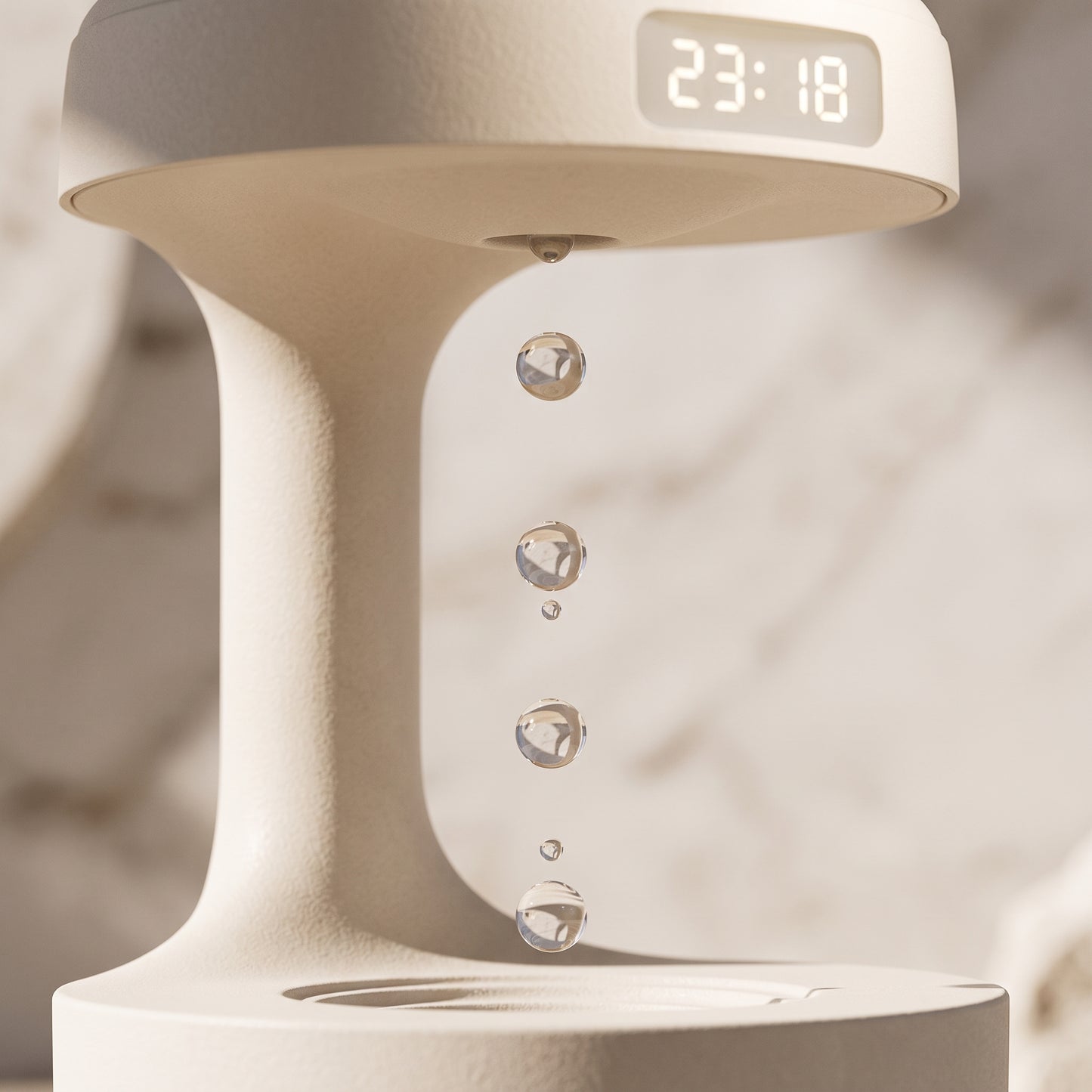 Close-up of the levitating water mechanism on the mist diffuser — water drops suspended mid-air