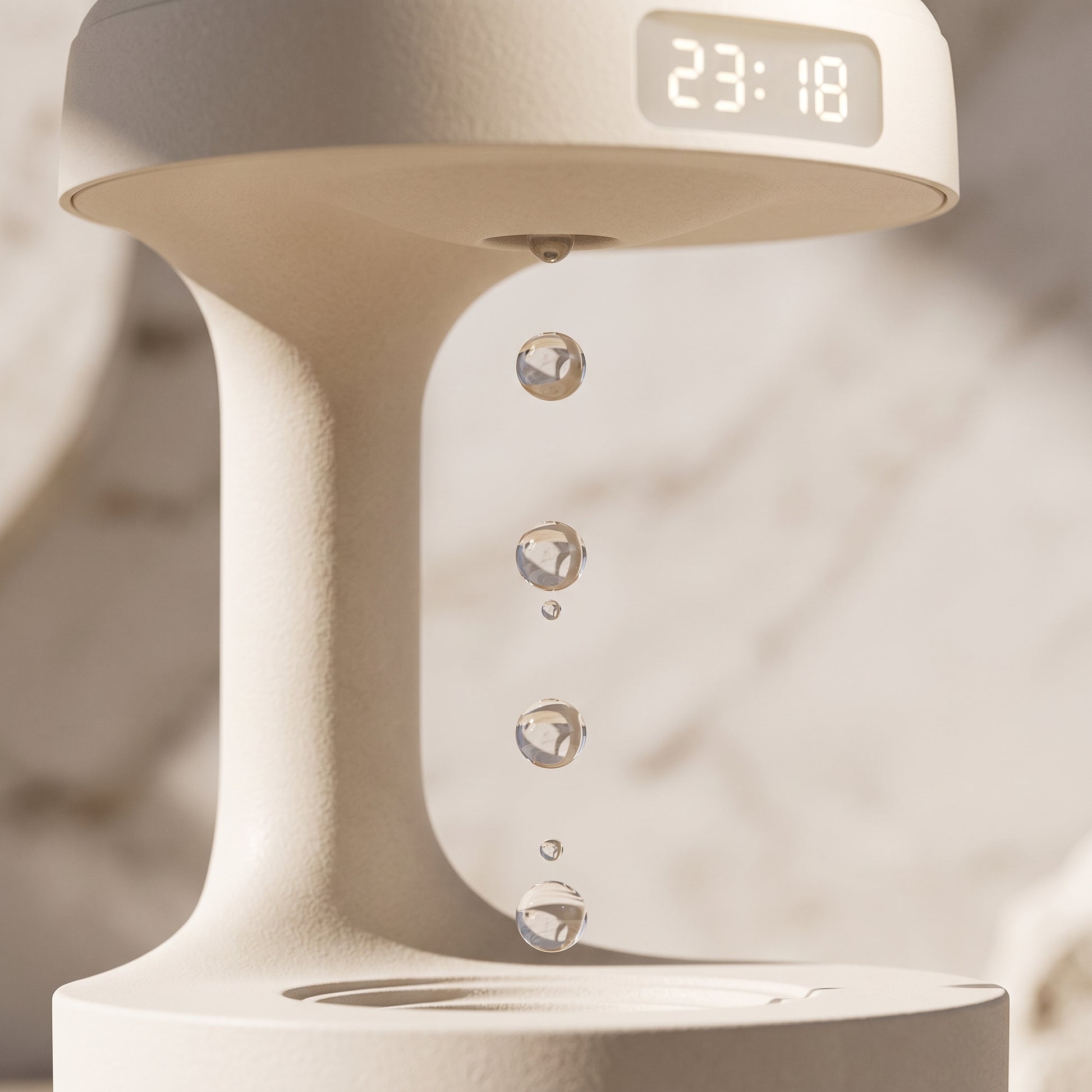 Close-up of the levitating water mechanism on the mist diffuser — water drops suspended mid-air